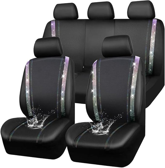 CAR PASS Bling Diamond Car Seat Covers Full Set, Shining Rhinestone Waterproof Faux Leather, Rear with Zipper, Universal Fit Automotive Glitter Crystal Sparkle Strips for Cute Women Girl,Muticolor