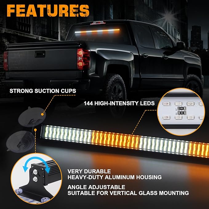 XRIDONSEN 35 inch Traffic Advisor Light Bar 144 LED Amber White Emergency Warning Flashing Safety Interior Windshield strobe lights w/Directional Arrow for Construction Vehicles Snow plow Trucks