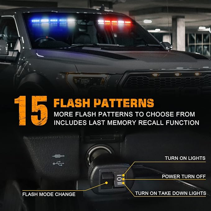 XRIDONSEN 34 inch Emergency Visor Police Lights 40 LED Red Blue Police Light Bar Safety Flashing Warning Hazard Interior Front Windshield Strobe w/White Take Down Deck Split Mount for Vehicles Trucks