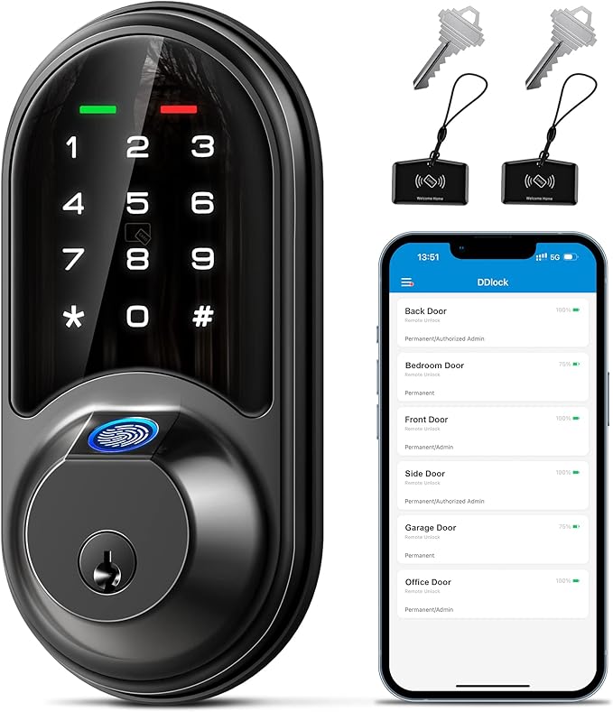 Veise RZ07 Smart Lock, Fingerprint Door Lock, 7-in-1 Keyless Entry with App Control, Electronic Touchscreen Keypad Deadbolt, Biometric Smart Locks for Front Door, Matte Black
