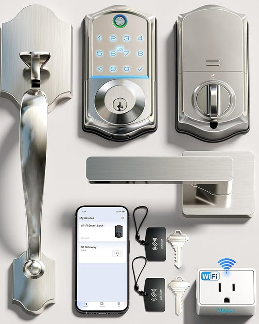 Veise VE017G-H Wi-Fi Smart Fingerprint Front Door Lock Set, Remote App Control, Keyless Entry Deadbolt with Handle, Backlit Keypad, IP55 Weatherproof, Auto Lock, Easy to Install, Satin Nickel