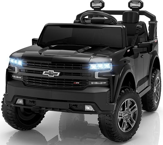 ENYOPRO 24V Ride on Toys for Big Kids, Licensed Chevy Silverado LT Trail Boss 2 Seater Ride on Car for Kids, Toddler Electric Car w/Remote Control, Safety Belt, Truck Bed, LED Lights, Bluetooth, Black