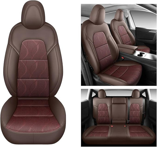 Tesla Model Y Seat Cover Full Set, Faux Leather Tesla Car Seat Cover, Perfect Suitable for Tesla Model Y 2020 2021 2022 2023 2024 2025 (Brown)