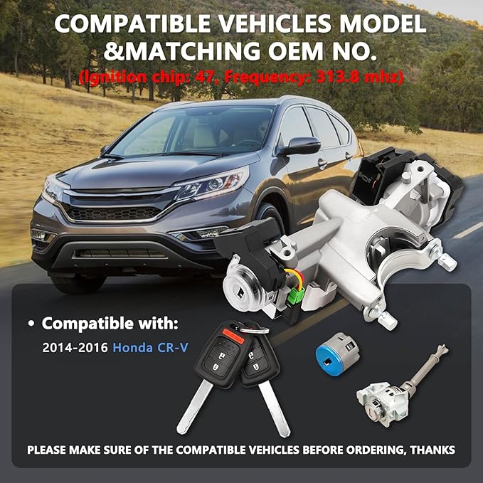 RAMATA Ignition Switch Lock Cylinder with Key (with Blank Chip) Compatible with 2014 2015 Honda CRV (Ignition Chip: 47,Frequency: 313.8mHz)