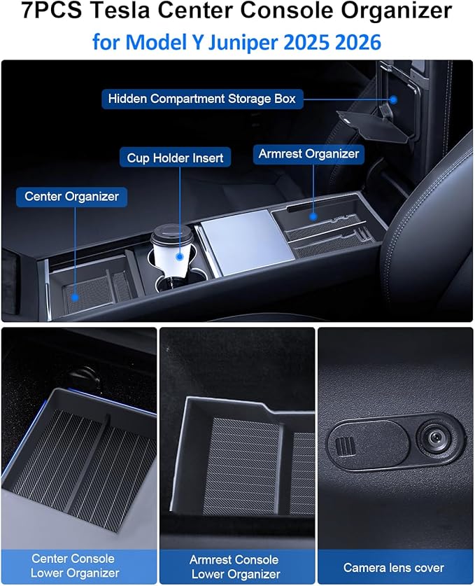 7PCS for Tesla Center Console Organizer Model Y Refreshed Juniper Accessories 2025 2026 Armrest Tray Cup Holder Center Lower Organizer Armrest Lower Organizer Hidden Compartment Storage