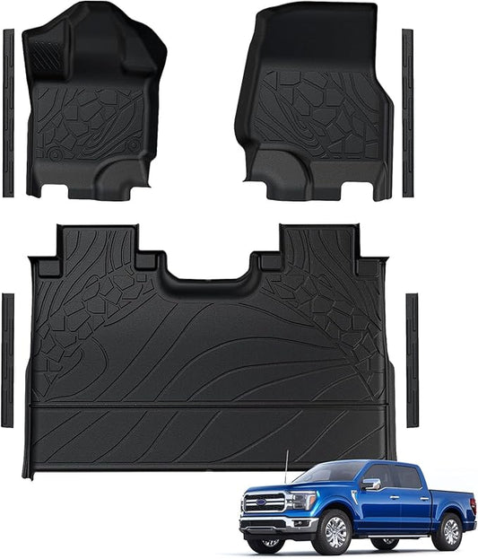 Floor Mats for Ford F-150 2015-2025 | F150 Lightning 2022-2025 SuperCrew (Rear without Under-seat Fold Flat Storage) w/Carpet All Weather Black Front & 2nd Truck Car Liners, Door Protector Accessories