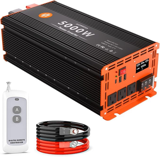 5000 Watt Power Inverter 12V DC to 110V/120V AC Converter Peak Power 10000W Car Inverter with LCD Display 2 AC Outlets USB Port Cables Includ for RV,Truck,Off-Grid Solar System Remote Controller