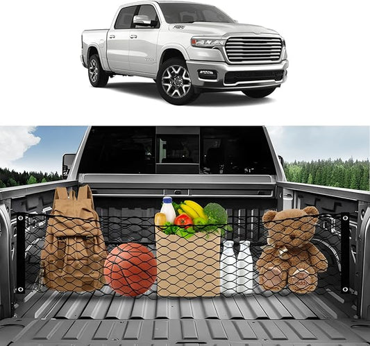 Karltys Truck Bed Cargo Net for Dodge Ram 1500 2019-2024 2025 2026, Envelope Style Pickup Truck Bed Tailgate Net for Ram 1500 Accessories, Heavy Duty Nylon Mesh Storage Netting Organizer with Hooks