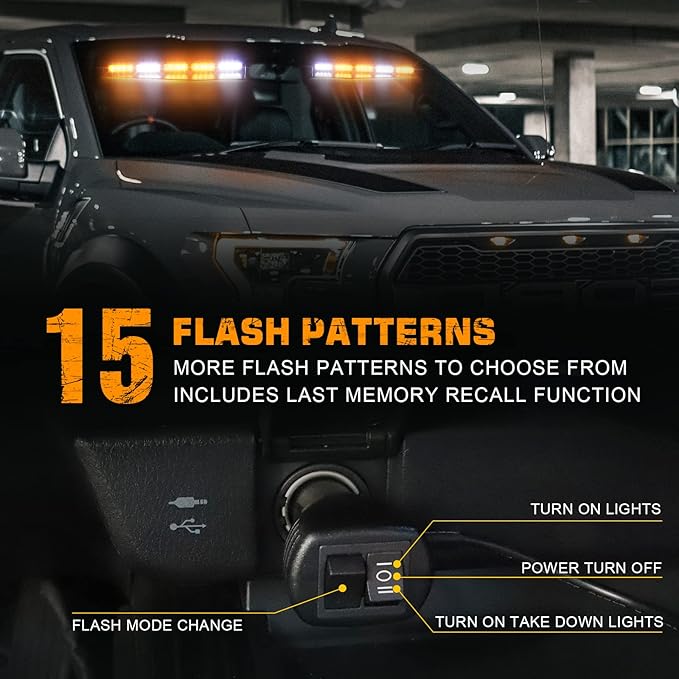 XRIDONSEN 34 inch Emergency Strobe Visor Lights 40 LED Amber White Warning Flashing Hazard Safety Lights Interior Front Windshield Light Bar Deck Split w/Take Down for Trucks Construction Vehicles