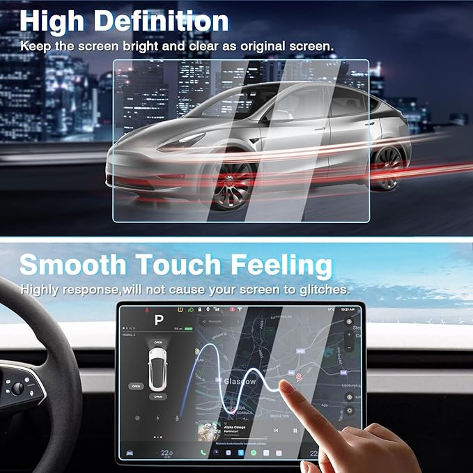 [Upgrade] 2 Pack Tesla New Model Y Juniper 2025~2026 / 2024~2025 2026 Model 3 Highland Screen Protector [No Glare & Fingerprint] 15.4-Inch Front & 8-Inch Rear Touchscreen Tempered Glass Protector Accessories