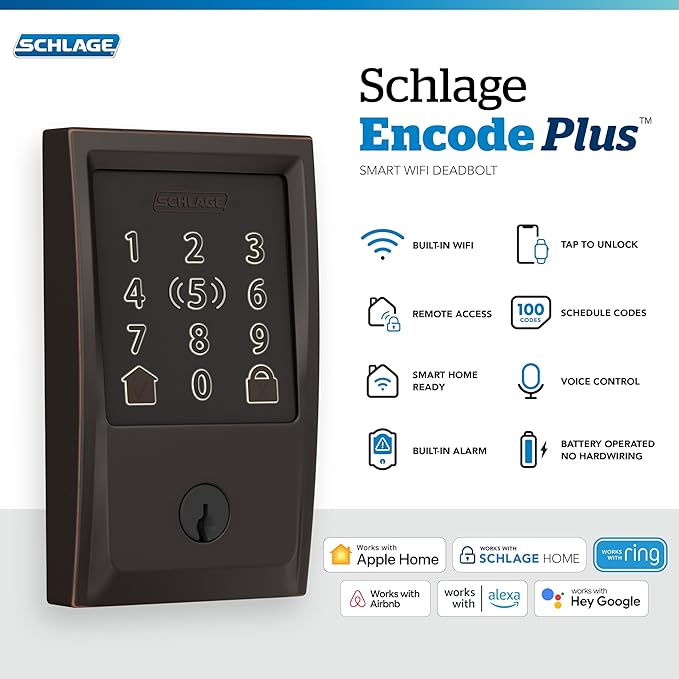 Schlage BE499WB CEN 716 Encode Plus WiFi Deadbolt Smart Lock, Keyless Entry Touchscreen Door Lock with Century Trim, Aged Bronze