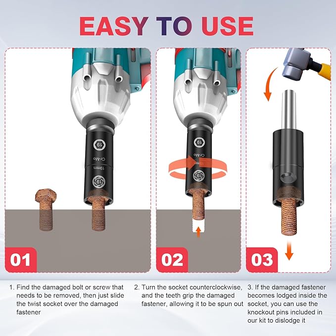 2-In-1 Lug Nut Removal Tool & Impact Socket Set, with 1/2" Drive, Easy Out Broken Bolt Extractor Kit, Ez Out Stripped Wheel Lock for Removing Rounded, Rusted Bolts, Nuts & Screw 7-Pieces