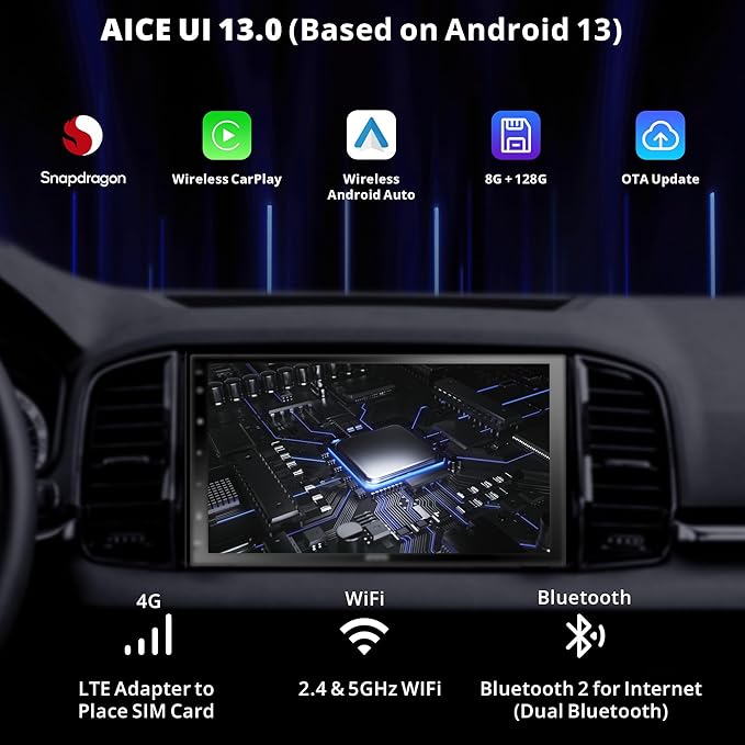 Wireless CarPlay Android Auto Car Stereo, X10 QLED 7" Touchscreen, Octa-Core 8+128GB, 4G LTE/WiFi, GPS Navigation, OBDII Scanner, Front & Rear Camera Support, OTA Updates