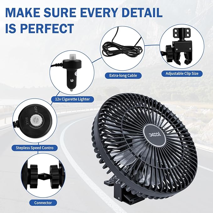 XOOL Clip Car Fan, 9 Inches 12V/24V Fan for Front/Rear Seat Passenger, 360 Degree Rotatable Electric Cooling with Stepless Speed Regulation SUV, RV, Truck