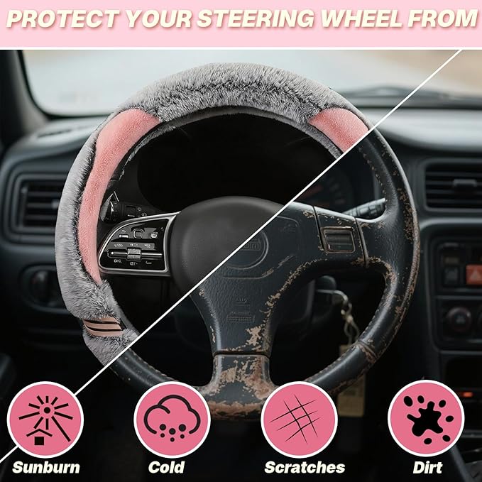 Universual Fluffy Fur Soft Fuzzy Steering Wheel Cover Leather Women Men Pink Sporty Cute 14 inch Car Accessories Non-Slip Decoration