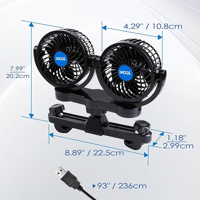 XOOL USB Car Fans for Backseat - Dual Head Cooling Car Fan for Kids, 360° Rotatable Car Rear Headrest Fan, Air Circulation Fans with Adjustable Clip Stepless Speed Regulation for SUV RV Vehicles Truck