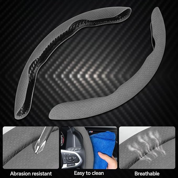 2 Piece Alcantara Steering Wheel Cover - Split Sport Design for D & O Shape Wheels, Soft Touch · Anti-Slip Grip · All Season Comfort · Durable Luxury Material for Performance Cars