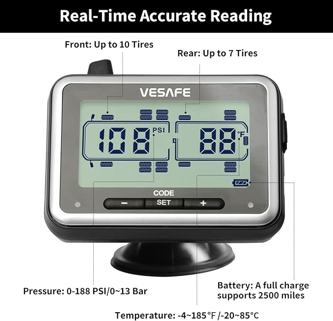 VESAFE TPMS, Wireless Tire Pressure Monitoring System for RV, Trailer, Coach, Motor Home, Fifth Wheel, with 8 Anti-Theft sensors