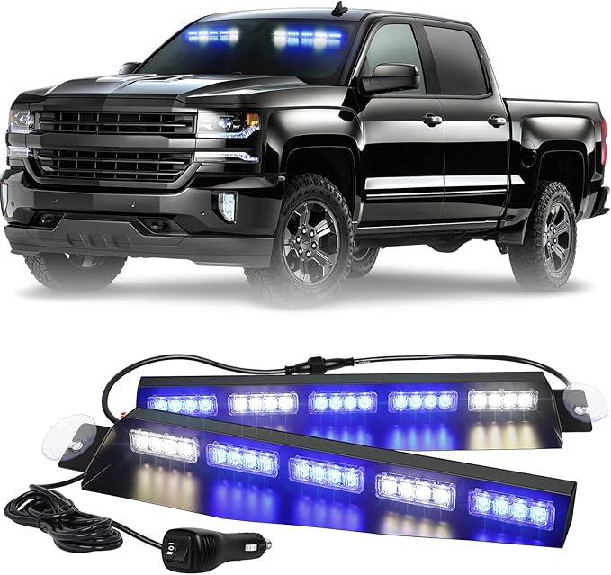 XRIDONSEN Blue White Emergency Visor Lights Warning Flashing Interior Windshield Strobe Lights Bar for Police Firefighter Vehicles Trucks w/Take Down, Deck Split Mount (34 inch, 40 LED)