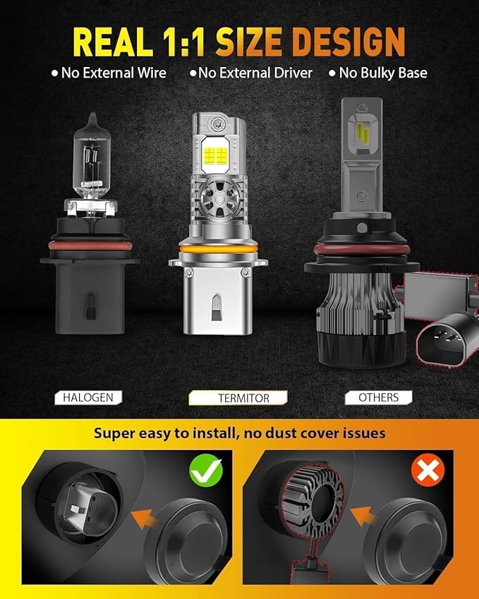 Upgraded 9007/HB5 Bulbs, 60,000LM 12X Ultra Brightness, 6500K Cool White,1:1 Mini Halogen Size, 9007 Light Conversion Kits with Cooling Fan, Plug and Play, Pack of 2