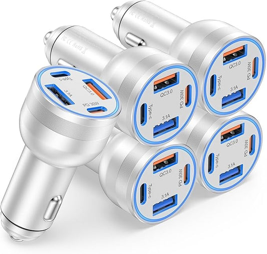 65W Car Phone Charger USB C, 5 Pack 4-Port Cigarette Lighter Adapter, 12V USB C Fast Car Charger Type C Car Adapter, Car Accessories for iPhone 17 16 15 14 13 12 Pro Max,Galaxy,Pixel,iPad,Android