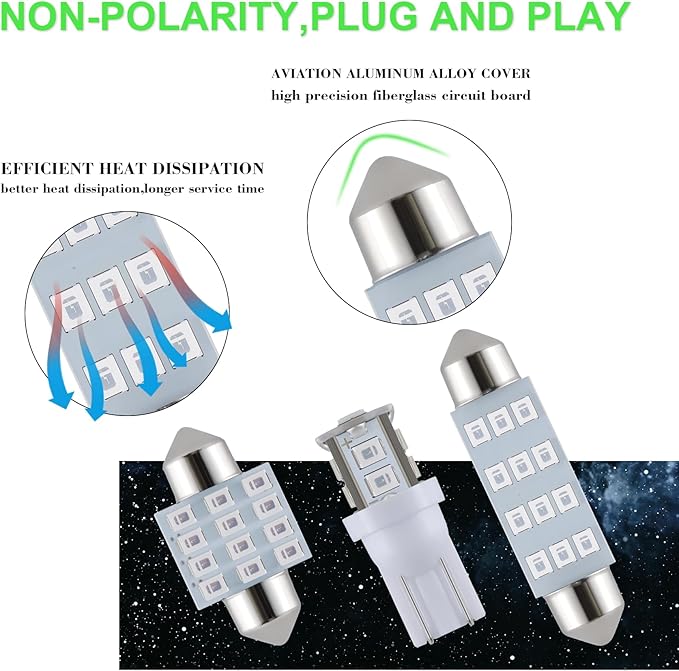 24 Pieces Dome Light LED Car Interior Bulb Kit Set 194 T10 DE3175 578 31mm 42mm Bulbs Interior Replacement Lights for Car Map License Plate Door Side Marker Cornering Trunk Light - Green