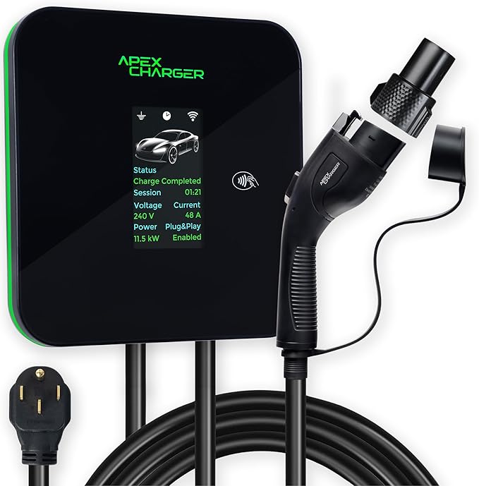 MACH 2:Fast Level 2 EV Charger 48 amp Garage-pro Wall-Mount. Hardwired EVSE Electric Vehicle Charging Station. J1772 car Connector. Key Accessories: 30ft Cable & Tesla NACS evse Portable Adapter