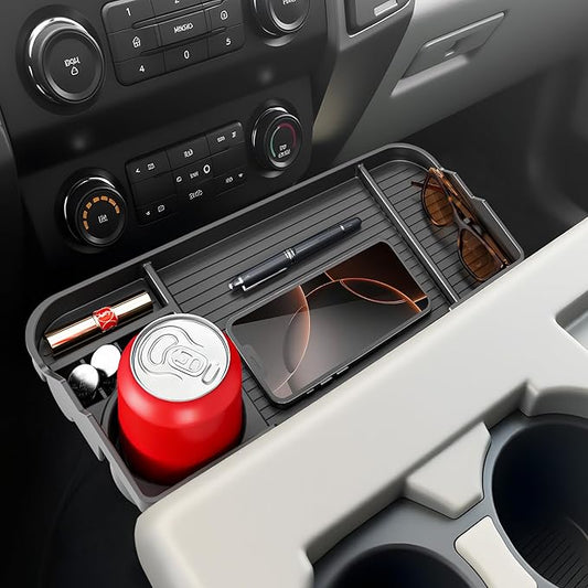 For Ford F150 F250 F350 F450 F550 F650(2011-2025) Front Seat Headrest Oraganizer [Large Cup Holder] Console Tray F150 F250 F350 F450 F550 F650 Super Duty Accessories(Jump Seat Only) Black