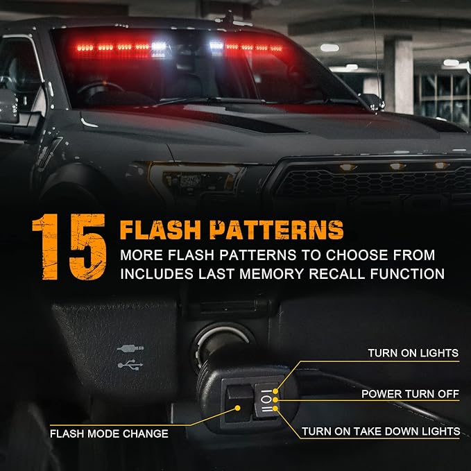 XRIDONSEN Red Emergency Visor Lights Bar Interior Windshield Strobe Lights 40 LED Warning Safety Flashing w/White Take Down Deck Split Mount for firefighter Police Vehicles Trucks (2x17 inch)