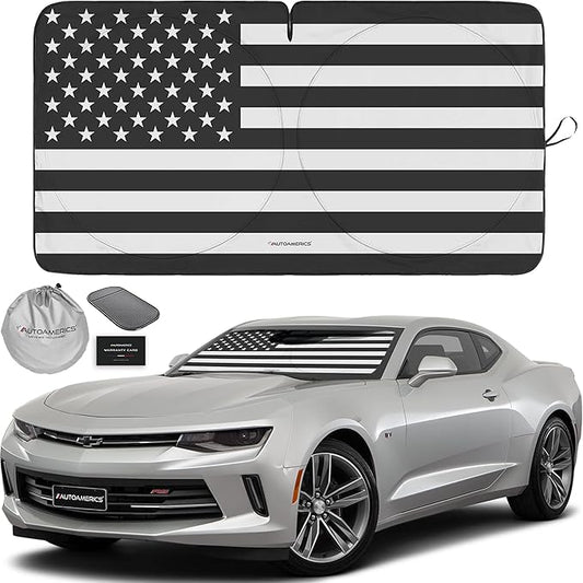 Autoamerics 1-Piece Windshield Sun Shade B&W American Flag USA Patriotic Design - Foldable Car Front Window Sunshade for Most Sedans SUV Truck - Blocks Max UV Rays and Keeps Your Vehicle Cool - Small