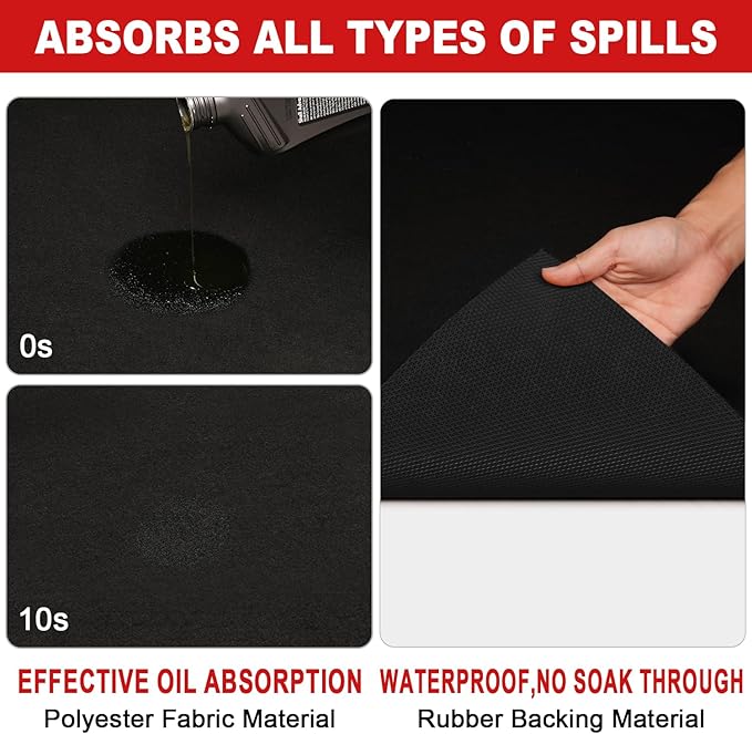 Golener Oil Spill Mat - Garage Floor Mat, Absorbent Oil Pad, Premium Maintenance Mat, Waterproof, Contain Liquid, Protect Garage Surface from Spill & Stain, Reusable, Washable, Durable, Black, 59”x72”