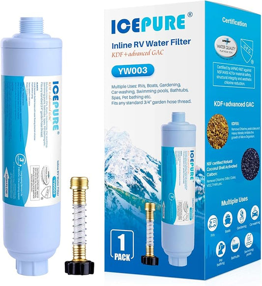 ICEPURE Inline Water Filter for Hose on RV Garden Pool Camper Marine Boat for Drinking, Car Washing, Gardening, Planting, Spa, Reduces Chlorine, Bad Taste, Odors, with 1 flexible hose protector, 1PACK