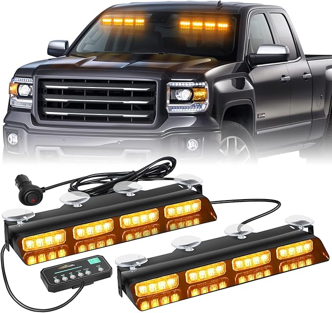 XRIDONSEN Emergency Dash Strobe Lights Amber Safety Flashing Warning w/Digital Display Controller Interior Front/Rear Windshield Deck Split Light Bar for Construction Vehicles Trucks (2x14 inch)