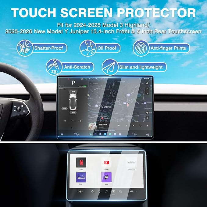 [Upgrade] 2 Pack Tesla New Model Y Juniper 2025~2026 / 2024~2025 2026 Model 3 Highland Screen Protector [No Glare & Fingerprint] 15.4-Inch Front & 8-Inch Rear Touchscreen Tempered Glass Protector Accessories