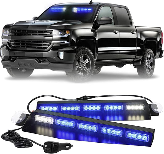 XRIDONSEN Blue Emergency Visor Lights Bar Interior Windshield Strobe Lights 40 LED Warning Safety Flashing w/White Take Down Deck Split Mount for firefighter Police Vehicles Trucks (2x17 inch)