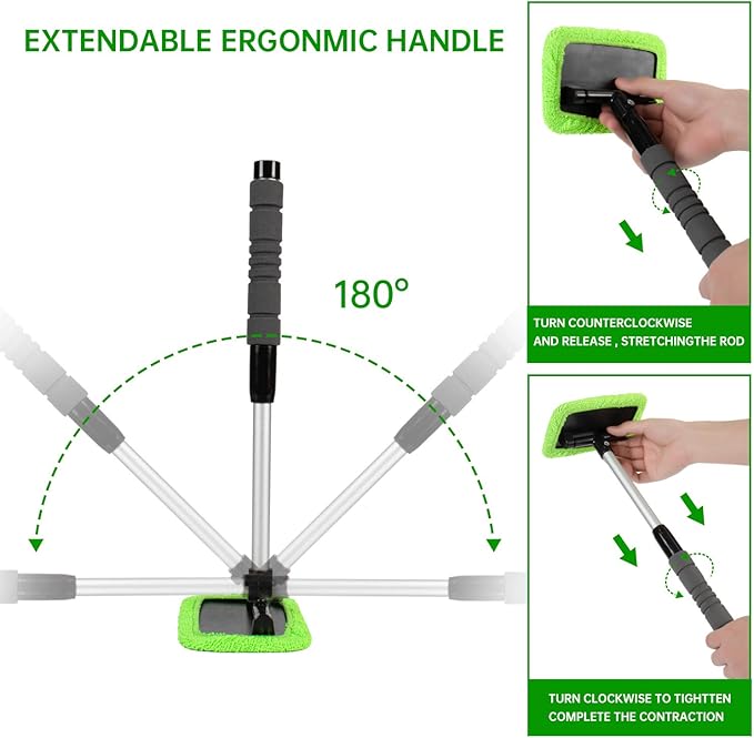 XINDELL Windshield Cleaning Tool for Car – Extendable Handle Window Cleaner with Reusable Microfiber Pads, Streak-Free Interior & Exterior Auto Glass Cleaner (Green)