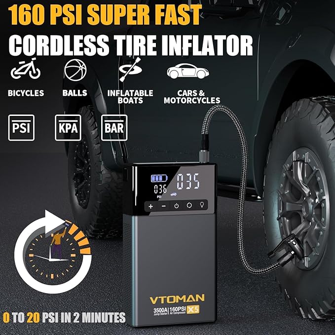 VTOMAN X5 Jump Starter with Air Compressor, 3500A Portable Car Battery Booster (Up to 9L Gas/8L Diesel Engines) with 160PSI Digital Tire Inflator, 12V Lithium Battery Jump box with Type-C Quick Charge