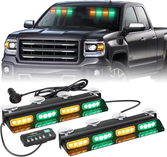 XRIDONSEN Amber Green Emergency Dash Strobe Lights Safety Flashing Warning Hazard Interior Front/Rear Windshield Deck Split Light Bar w/Digital Display Controller for Construction Vehicles Trucks