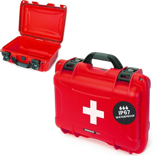 NANUK 915 Waterproof First Aid Box Empty – Durable, Medical First Aid Organizer Case, IP67-Rated, Dustproof, Impact-Resistant, and Floats (13.8" x 9.3" x 6.2") – Red