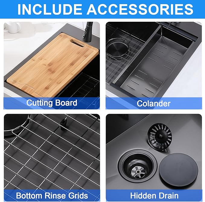 33x22 Drop In Kitchen Sink Black, 33 Inch Gunmetal Black Workstation Stainless Steel 16 Gauge Topmount Single Bowl 9 Deep Sink With Integrated Accessories & Features