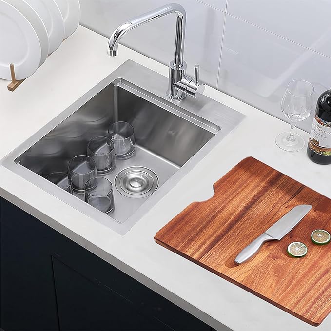 18x18 Inches Drop In Bar Sink, 18 Inch Stainless Steel Topmount Deep Single Bowl Workstation Small Kitchen Wet Bar Prep RV Sink with Cutting Board