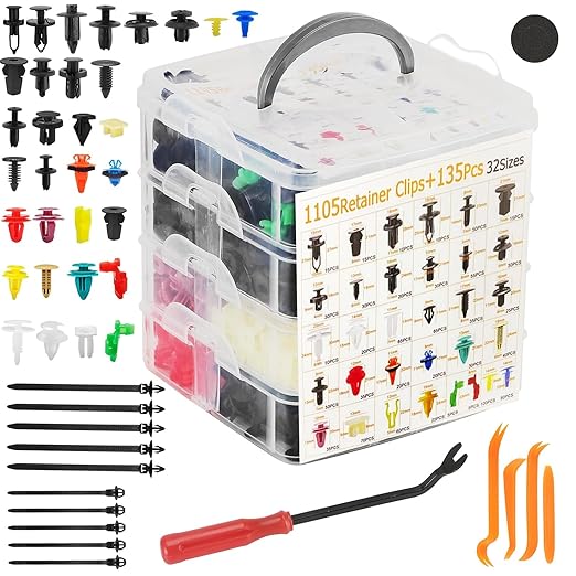 1240Pcs Car Retainer Clips & Fasteners Kit – 32 Universal Sizes Nylon Bumper, Fender Rivets, Door Panel Clips, and Plastic Rivets with 10 Cable Ties and Removal Tool for Toyota, Ford, Benz (1240pcs)