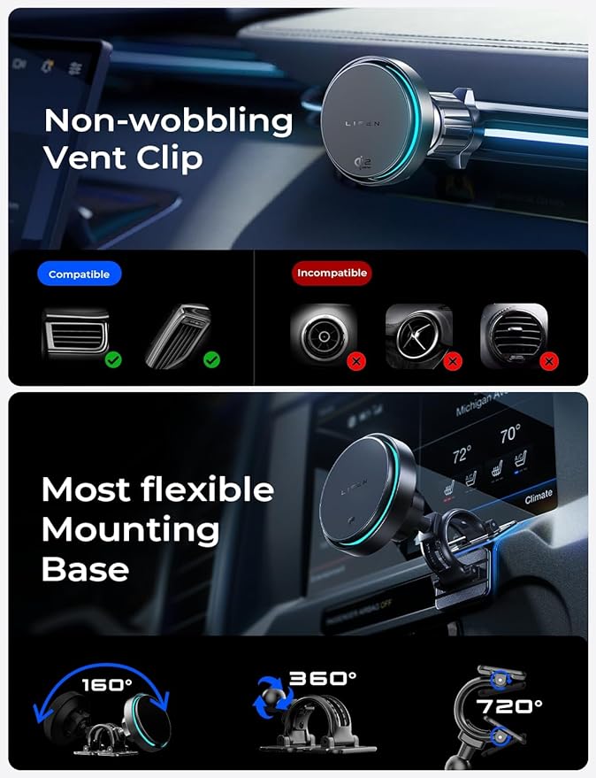 LISEN for Qi2.2 25W MagSafe Car Mount Charger，[Top Spec with Cooling Fan＆95W Custom Adapter] iPhone 17 Pro Max Car Charger Fast Charging for iPhone 17 Pro Max Plus Air 16-12 Series,Pixel 10 Pro XL