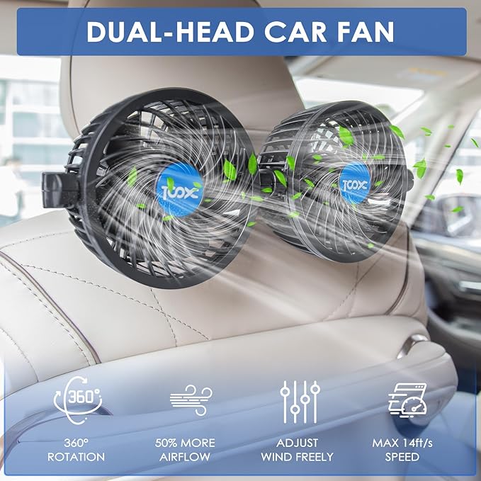 XOOL Clip Car Fan, Adjustable Dual Head 4 Inches 12V Fan for Front/Rear Seat Passenger, 360° Rotatable Electric Car Cooling Fans with Stepless Speed Regulation for SUV, RV, Vehicles