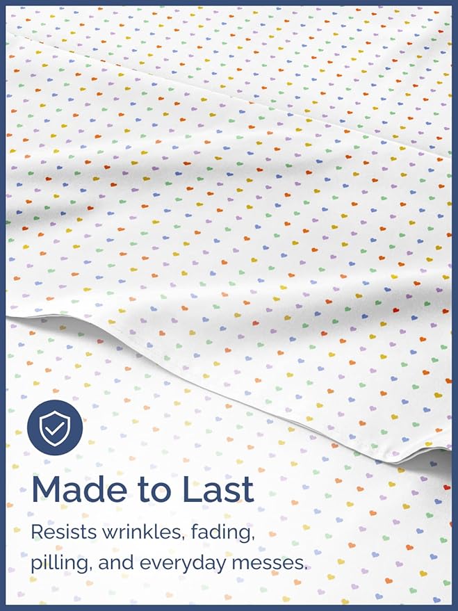 Kids Full Size Hearts Bed Sheets - 4 Piece Colorful Heart Sheet Set - Soft, Cute & Cozy - Comfy, Breathable & Machine Washable - Easy-Care & Wrinkle Free Bed Set for Boys, Girls, Teens and Toddlers