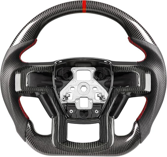 Steering Wheel for F-150 2015–2020, Real Carbon Fiber with Matching Decorative Trim Piece, D-Shaped Flat-Bottom, Hand-Stitched Nappa Grip, for F-150 Without Paddle Shifters Models