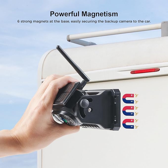 Wireless Magnetic Backup Camera, 15000mAh Battery Powered Rechargeable Waterproof HD Solar Back Up Rear View Bluetooth Hitch Camera with 7 Inch 1080P Monitor System for Car Truck Trailer RV VN003