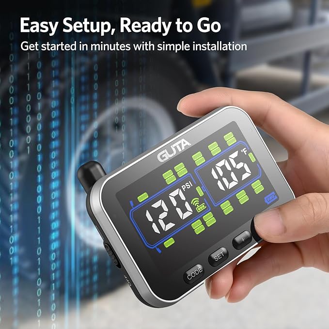 GUTA Trailer Tire Pressure Monitoring System, RV Tire Pressure Monitor with 6 Sensors, 6 Alert Modes, Signal Booster, Large Color Display, Long Sensing Distance, 0-188PSI TPMS for RV Trailer Semi