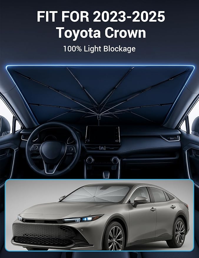 Proadsy Windshield Sun Shade Umbrella for Toyota Crown 2023-2025 2026 Foldable Car Umbrella Sunshade with Soft TPU Handle Spring Structure Crystal Cooling Material Protect Car from Rays & Heat