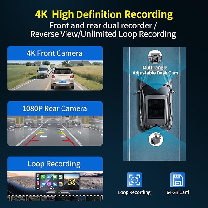 Largest 11.5 inch Wireless CarPlay Screen for Car, A-pple CarPlay & Android Auto HD Touchscreen with 4K Dash Cam/1080P Backup Camera/Navigation/Bluetooth/Voice Control/FM/Mirror Link,for All Vehicles